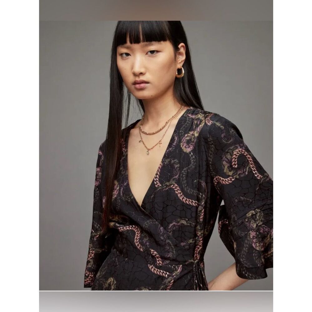 AllSaints Delana Tempest Wrap Slip Dress in deep green with snake- print - Picture 2 of 12